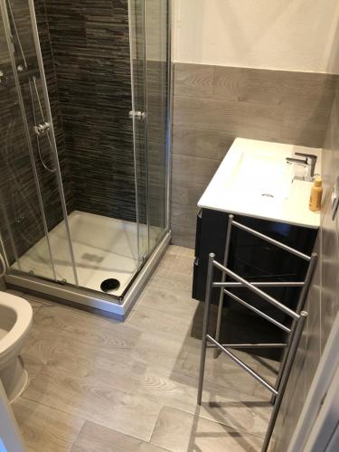 uma casa de banho com um chuveiro, um lavatório e um WC. em Affittacamere Ca' d' Giuanot em Miroglio