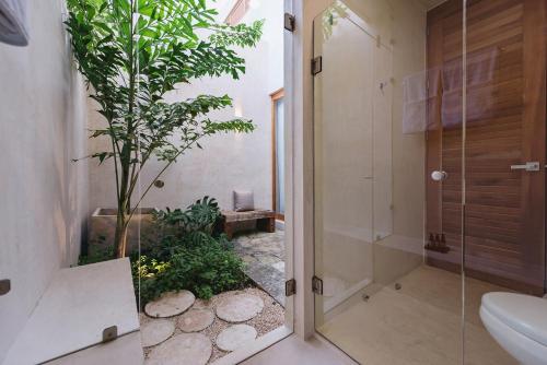 uma casa de banho com um chuveiro, um WC e uma planta em Colonte Hotel Origen em Valladolid
