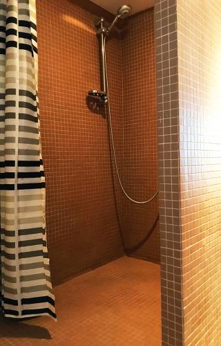 La salle de bains est pourvue d'une douche avec rideau de douche. dans l'établissement Le Palmyre, à Cassis