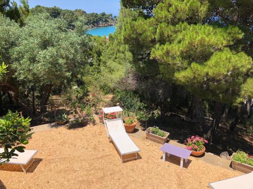 a park with benches and trees and a lake at Villa Mariza in Scopello