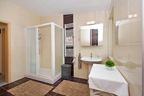 a bathroom with a shower and a sink at Luxurious, modern and spacious apartment with terraces in Tugare