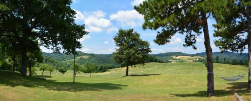 a golf course with trees and mountains in the background at Agriturismo Le Case in Pietralunga