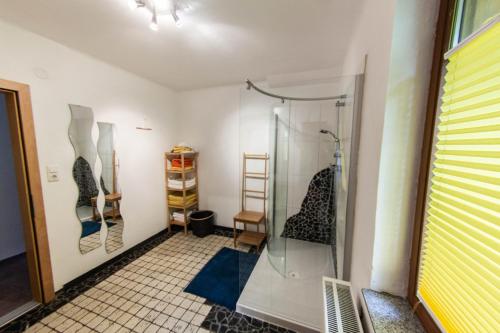 a bathroom with a shower with a glass door at Pepi‘s Apartment in Hallstatt