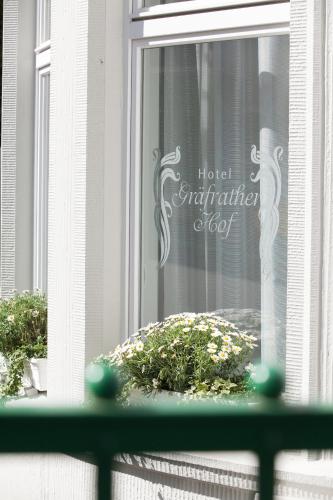 a window with a flower pot on a window sill at Hotel Gräfrather Hof in Solingen