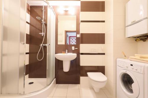 グジボボにあるJantar Apartamenty - Rodzinny apartament z ogrodemのバスルーム(シャワー、トイレ、シンク付)
