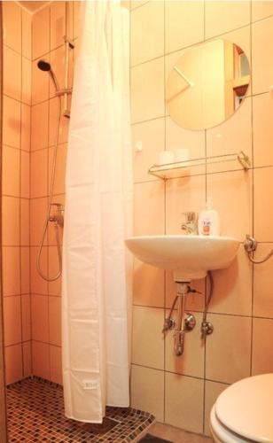 a bathroom with a sink and a shower with a toilet at Nina in Zadar