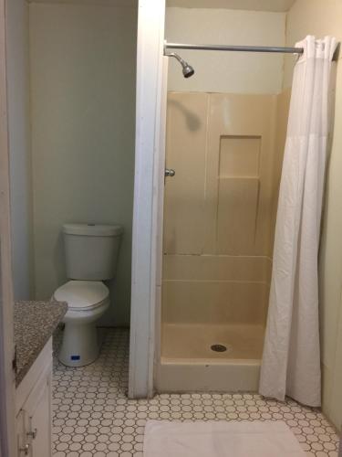a bathroom with a shower and a toilet at La Fontana Motel in Seaside Heights