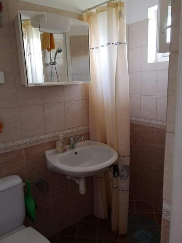 a bathroom with a sink and a toilet and a mirror at Apartmany-Anna in Podhájska