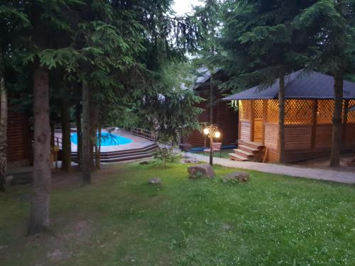 a backyard with a swimming pool and a house at Gostynniy Dvir in Forest Коттеджи in Migovo