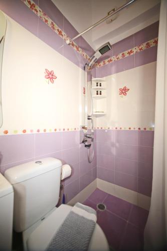 a bathroom with a toilet and a shower with purple tiles at Coralli Rooms & Restaurant in Elafonisos