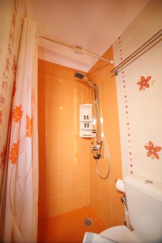 a bathroom with a shower and a toilet at Coralli Rooms & Restaurant in Elafonisos