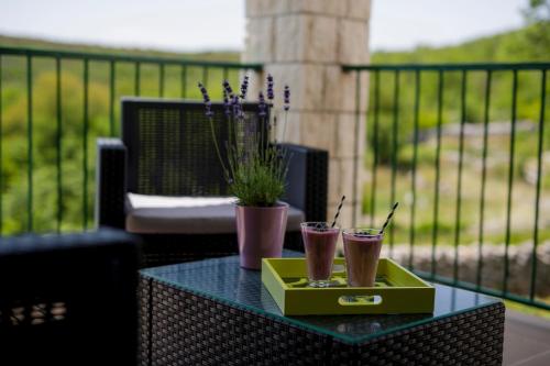 two drinks on a tray on a table on a balcony at House Lucia in Brštanovo