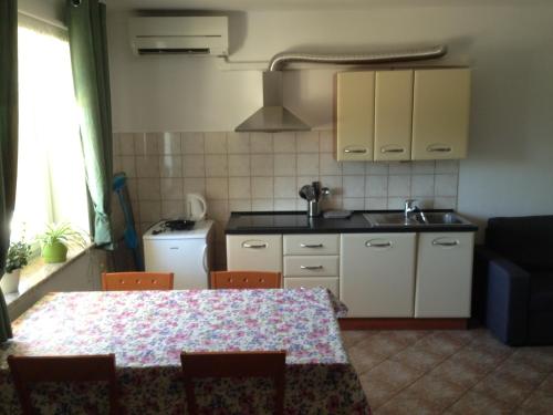 uma cozinha com uma mesa, um lavatório e um balcão em Apartma Valmarin em Spodnje Škofije