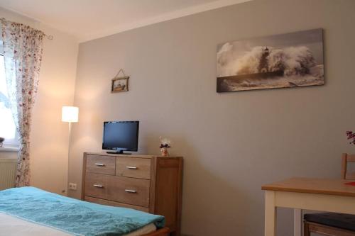a bedroom with a bed and a television on a dresser at Ferienappartement am See II im Biospharenreservat Schorfheide in Schorfheide