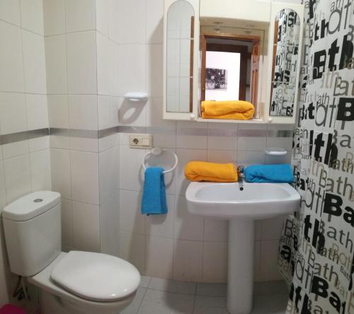 ロケタス・デ・マルにあるApartamentos Roquetas Playaのバスルーム(トイレ、洗面台、鏡付)