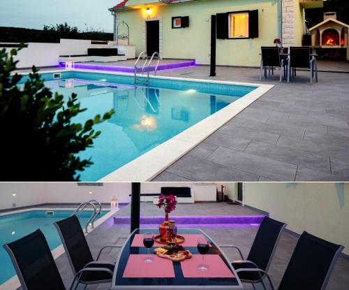 a pool with a table and chairs next to a house at House Lucia in Brštanovo
