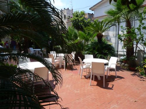 a patio with a table and chairs and palm trees at Hotel Alexander in Tropea