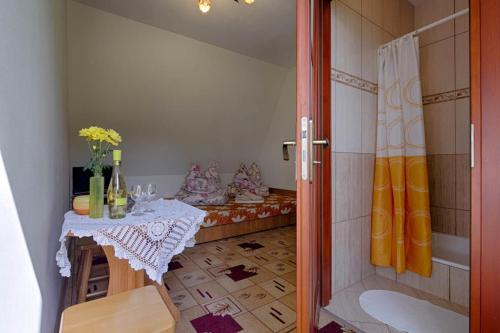 Cette petite chambre dispose d'une table et d'une douche. dans l'établissement willa anulka na Hrubym, à Zakopane