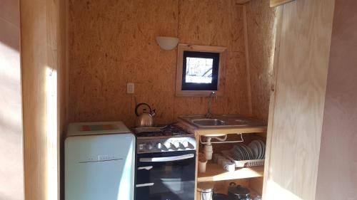 a small kitchen with a stove and a sink at Andrómeda Lodge in Las Trancas