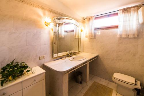 y baño con lavabo, espejo y aseo. en Residence Oasis, en Campiglia Marittima