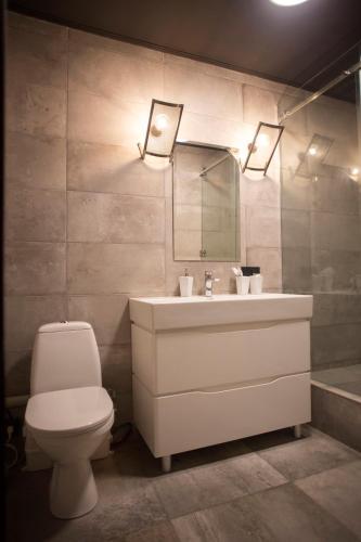 a bathroom with a toilet and a sink and a mirror at Vysoka Khata1 in Lviv