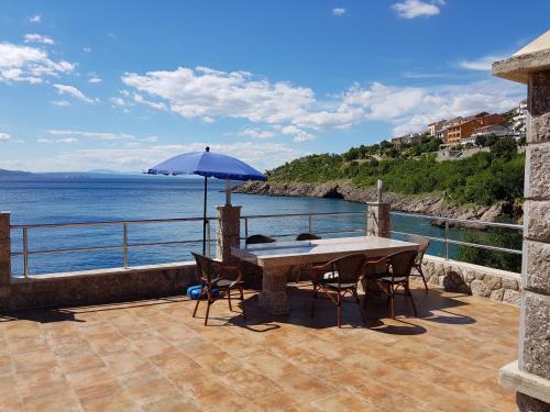 a table and chairs with an umbrella on a patio at Rooms Bero in Senj