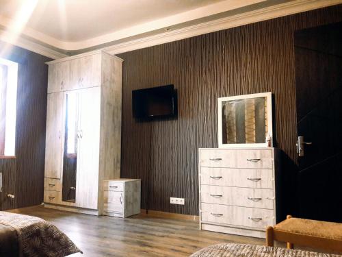 1 dormitorio con tocador y TV en la pared en Ortachala Veranda, en Tiflis