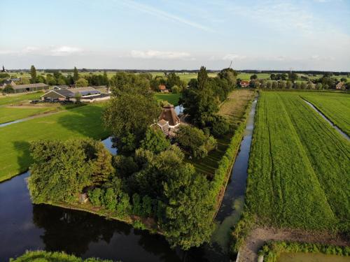 an aerial view of a river with trees and a house at De Ouwe Meulen in Bleskensgraaf