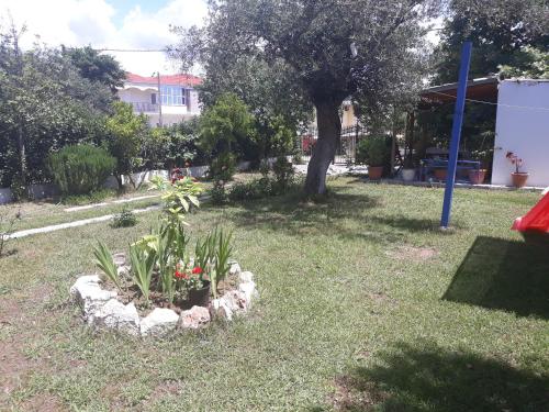 a garden with a flower bed in the grass at Labros Studios in Kastrosikia