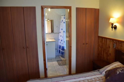 1 dormitorio con cama, espejo y baño en Departamento Pucon, en Pucón