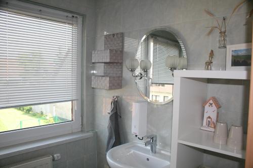 La salle de bains est pourvue d'un lavabo et d'un miroir. dans l'établissement Ferienhaus Straupitz-Spreewald mit Sauna, à Straupitz