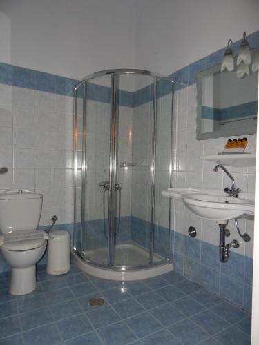 a bathroom with a shower and a toilet and a sink at Nisiotiko house in Tinos near the beach in Agios Ioannis