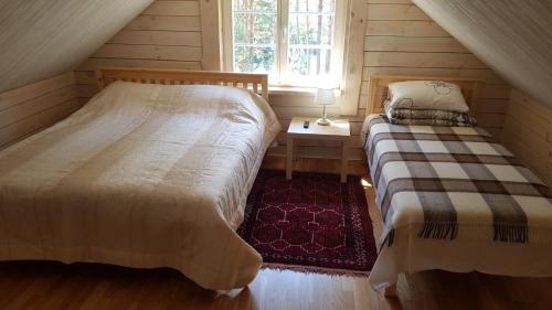1 dormitorio con 2 camas y ventana en Vienkiemis prie Merkinės, en Merkinė