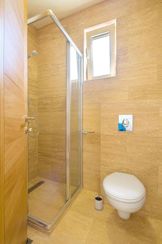 a bathroom with a toilet and a shower at Eukaliptus in Becici