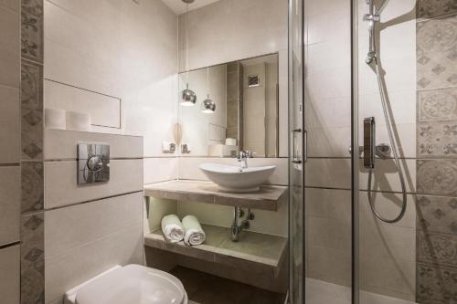 ザコパネにあるApartament Premium Odkryj Zakopaneのバスルーム(洗面台、トイレ、シャワー付)