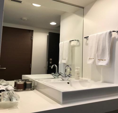
a bathroom with a sink, mirror, and towel rack at Dormy Inn Wakkanai in Wakkanai
