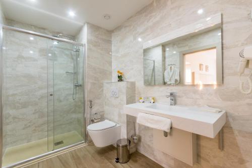 a bathroom with a sink and a shower and a toilet at Hôtel Sidi Yahia in Alger