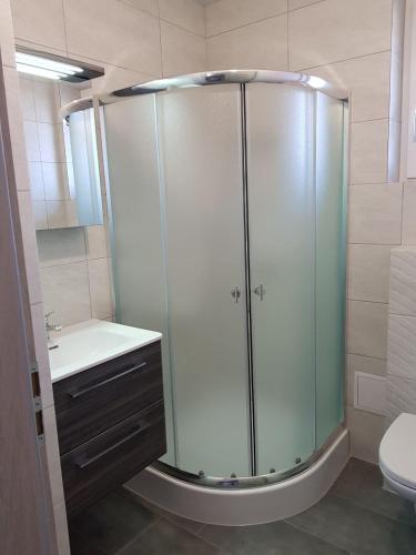 a bathroom with a shower with a sink and a toilet at Domki Cyranowka in Lubiatowo