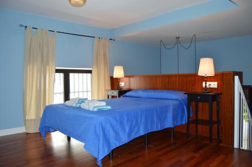 サンルーカル・デ・バラメダにあるPRECIOSO LOFT en PALACIO DE GODOYの青いベッドルーム(青いシーツ付きのベッド1台付)