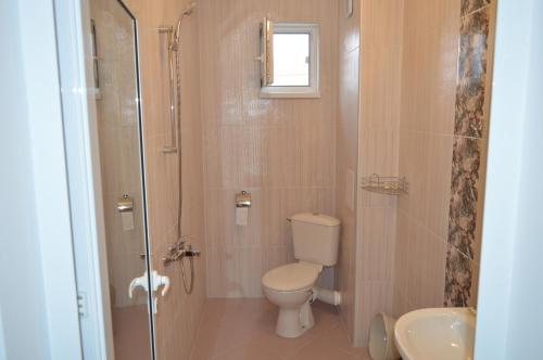 a bathroom with a toilet and a shower and a sink at SummerHouse Lozenets in Lozenets