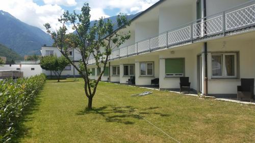 a small tree in a yard next to a building at Motel des Sports Martigny in Martigny-Ville