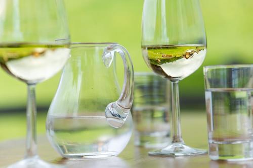 three glasses of white wine sitting on a table at Sattleggers Alpenhof & Feriensternwarte in Berg im Drautal