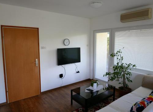 uma sala de estar com um sofá e uma televisão de ecrã plano em Bonsai House em Portorož