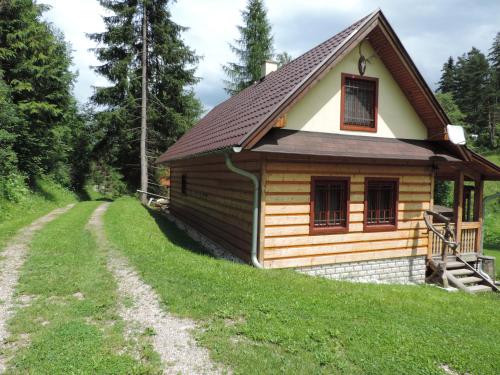 a cabin on a hill with a dirt road in front at Chata Konzajf in Hrabušice