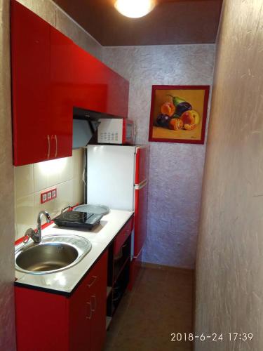 a small kitchen with a sink and a refrigerator at Shellman Apart Hotel in Odesa