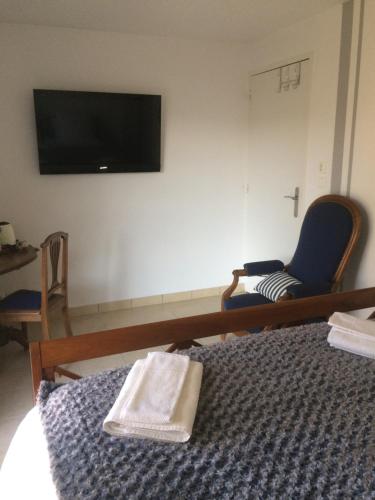 Cette chambre comprend un lit, une chaise et une télévision. dans l'établissement Les Terrasses de Rochetaillée, à Rochetaillée