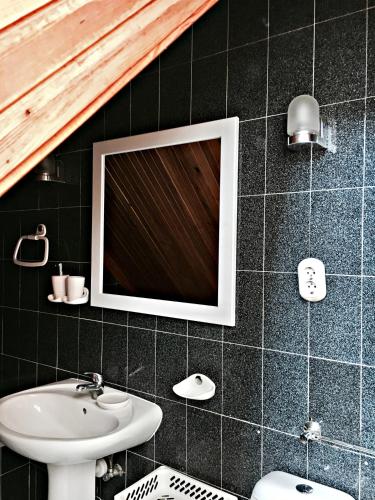 a bathroom with a sink and a mirror on the wall at Vila su sauna ir kubilu gamtos apsuptyje in Kalviškiai