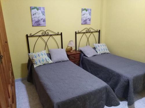 
two beds in a room with two lamps on each side at Apartamentos La Banda in Playa de Santiago
