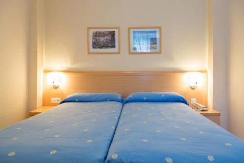 a large blue bed in a bedroom with two lamps at Apartamentos Los Arces in Isla