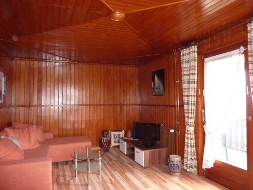 a living room with wood paneled walls and a television at Ferienhaus Eck in Unterharmersbach